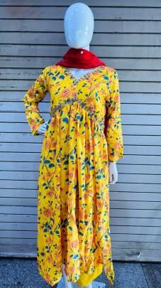 Chinon Yellow Hand Work Kurti Pant Set With Dupatta