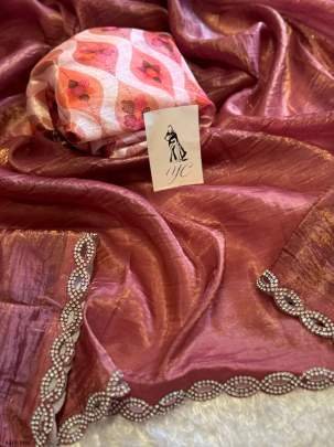 Classic Ajarak Print Elegant Pink Soft Tissue Silk Saree