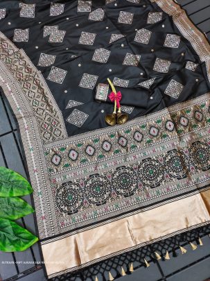 Classic Black Soft Ajrakh Silk weaving Saree with beautiful Lagdi Patta Work