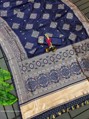 Classic Blue Soft Ajrakh Silk weaving Saree with beautiful Lagdi Patta Work