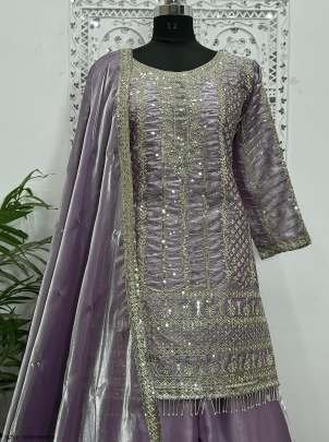 Classic Designs  Embroidery Sequins Purple Top Palazzo With Dupatta Set