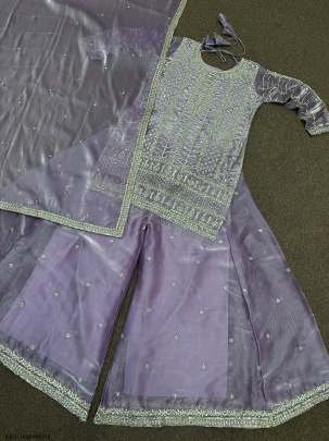 Classic Designs  Embroidery Sequins Purple Top Palazzo With Dupatta Set