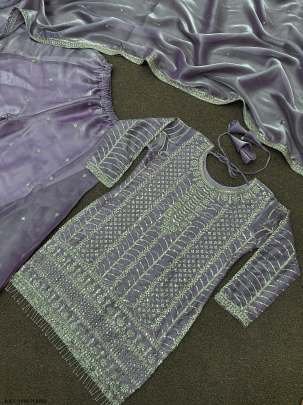 Classic Designs  Embroidery Sequins Purple Top Palazzo With Dupatta Set