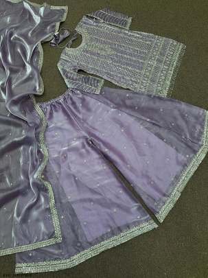 Classic Designs  Embroidery Sequins Purple Top Palazzo With Dupatta Set