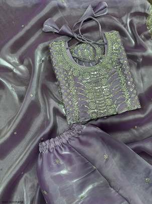 Classic Designs  Embroidery Sequins Purple Top Palazzo With Dupatta Set