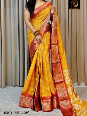 Classic dola silk Gold contrast  borders Yellow bandhani saree 