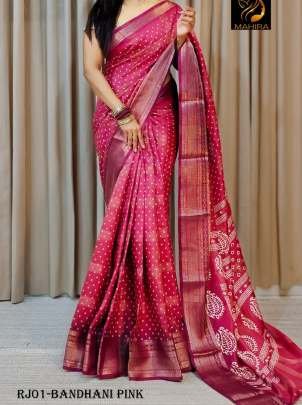 Classic dola silk Gold contrast  borders Pink bandhani saree 