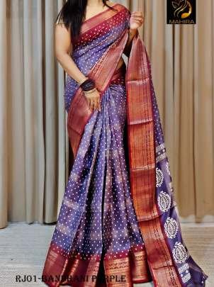 Classic dola silk Gold contrast  borders Purple bandhani saree 