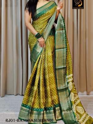 Classic dola silk Gold contrast  borders Mehndi bandhani saree 