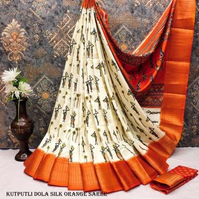 Classic Dola Silk Orange Saree With Kutputli Print