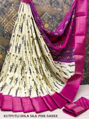 Classic Dola Silk Pink Saree With Kutputli Print