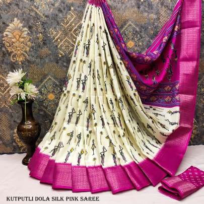 Classic Dola Silk Pink Saree With Kutputli Print