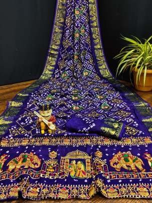 classic Embroidery work Bandhej Blue Saree