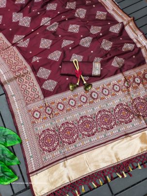 Classic Maroon Soft Ajrakh Silk weaving Saree with beautiful Lagdi Patta Work