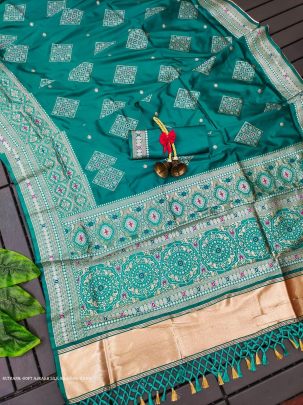 Classic Rama Soft Ajrakh Silk weaving Saree with beautiful Lagdi Patta Work