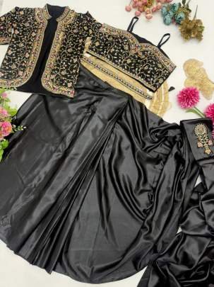 Cocktail Party Black Colour Ready To Wear Saree With Jacket
