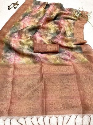 Coffee Classic Printed Pure Smooth Chanderi Silk Saree