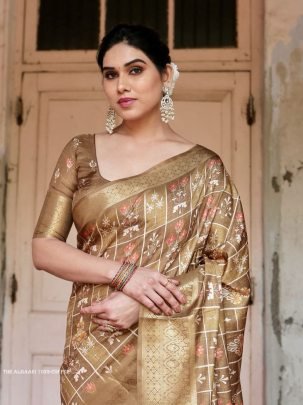 Coffee Digital Printed Rich Pallu Pure Silk Saree With Dual Tone Tassels