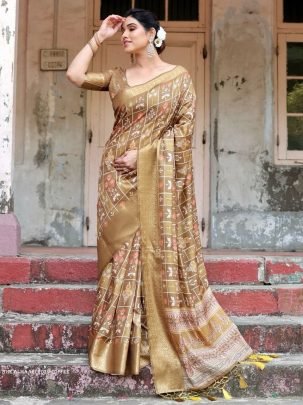 Coffee Digital Printed Rich Pallu Pure Silk Saree With Dual Tone Tassels