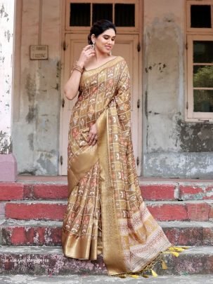Coffee Digital Printed Rich Pallu Pure Silk Saree With Dual Tone Tassels