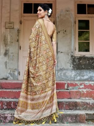 Coffee Digital Printed Rich Pallu Pure Silk Saree With Dual Tone Tassels