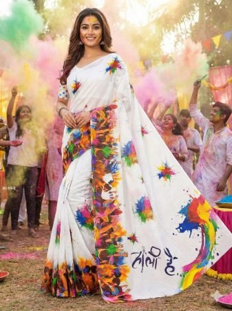  Colorful  Cotton Saree With Digital Print For Holi