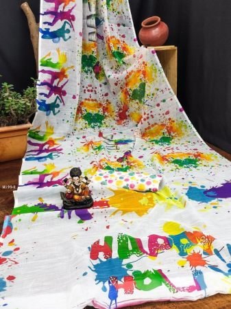 Colorful  Cotton Saree With Digital Print For Holi