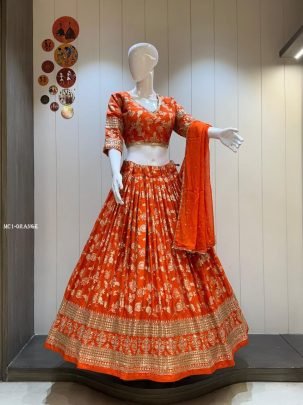 Computerized Sequence Work Orange Dola Silk Lehenga 
