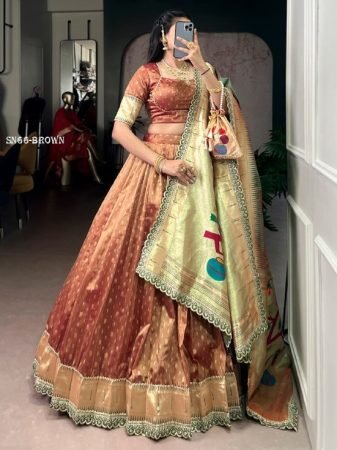 Copper Brown Organza Lehenga Choli with Zari Work And Paithani Dupatta