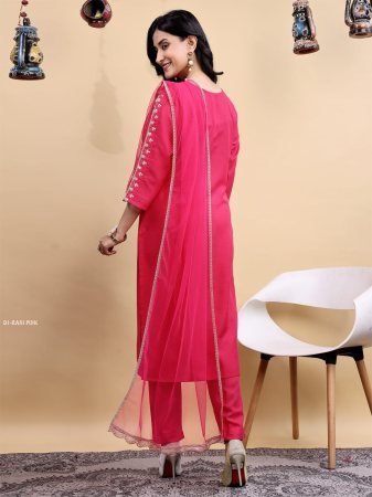 Cotton Blend Kurti Pant Set With Net Dupatta