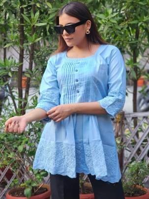 Cotton Fabric With Thread Work Sky Blue Ladies Short Top