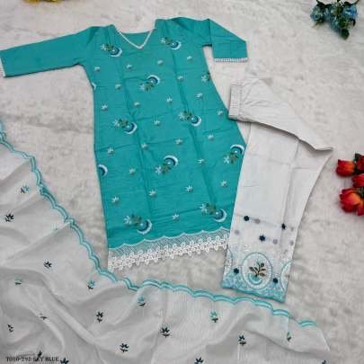 Embroidery Sky Blue Kurti and Pant Sets with Dupatta
