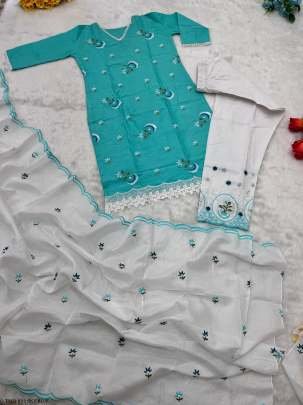 Embroidery Sky Blue Kurti and Pant Sets with Dupatta