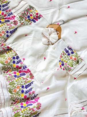 Cotton Multi Color Thread Work Off White Saree