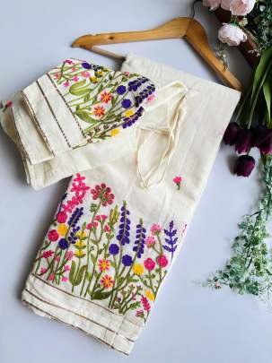 Cotton Multi Color Thread Work Off White Saree
