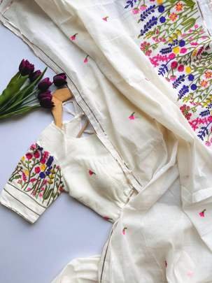 Cotton Multi Color Thread Work Off White Saree
