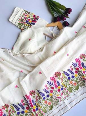 Cotton Multi Color Thread Work Off White Saree