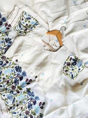 Cotton Off White With Blue Thread Work Saree