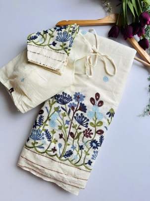 Cotton Off White With Blue Thread Work Saree
