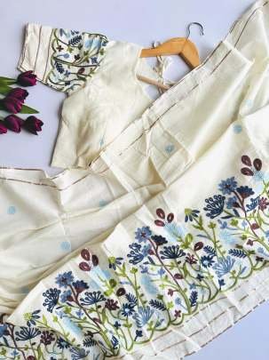 Cotton Off White With Blue Thread Work Saree