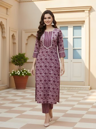 Cotton Printed Purple Kurti Pant Set