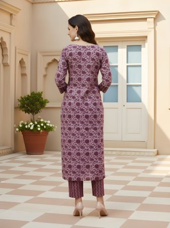 Cotton Printed Purple Kurti Pant Set