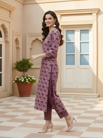 Cotton Printed Purple Kurti Pant Set