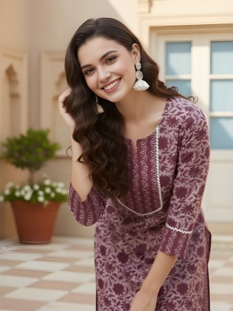 Cotton Printed Purple Kurti Pant Set
