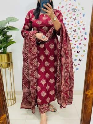 Cotton Sequence Work Sanganeri Print Kurti Pant Dupatta Set