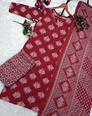 Cotton Sequence Work Sanganeri Print Kurti Pant Dupatta Set