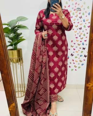 Cotton Sequence Work Sanganeri Print Kurti Pant Dupatta Set