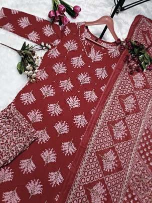 Cotton Sequence Work Sanganeri Print Kurti Pant Dupatta Set