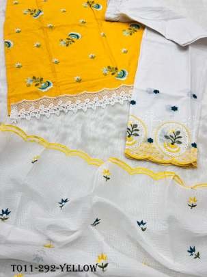 Embroidery Yellow Cotton Kurti Pant Sets with Dupatta