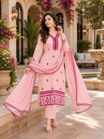 Cottton Blend  Peach Colour  Kurti Pant With Dupatta